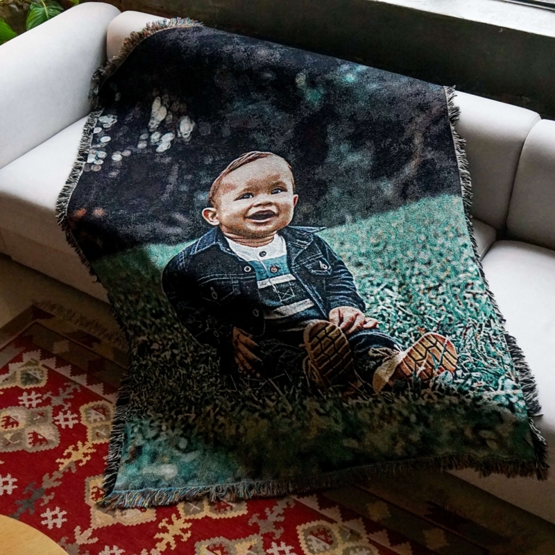 Throw Blanket, Monochrome Portrait Graphic with Fringe. Contemporary Style.