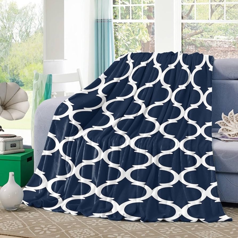 Throw Blanket Moroccan Lattice Pattern Navy Blue Fleece Moroccan Throw