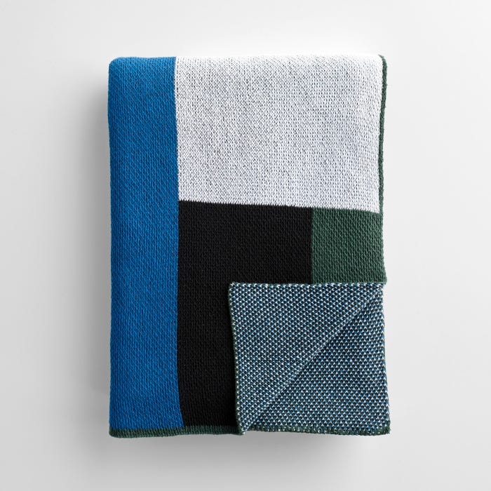 Throw Blanket, Moss Stitch Knit. Cobalt Blue Chunky Fabric, Modern Style.