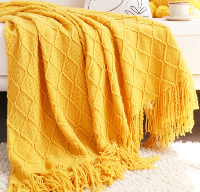 Throw Blanket, Mustard Chevron Pattern, Knotted White Fringe