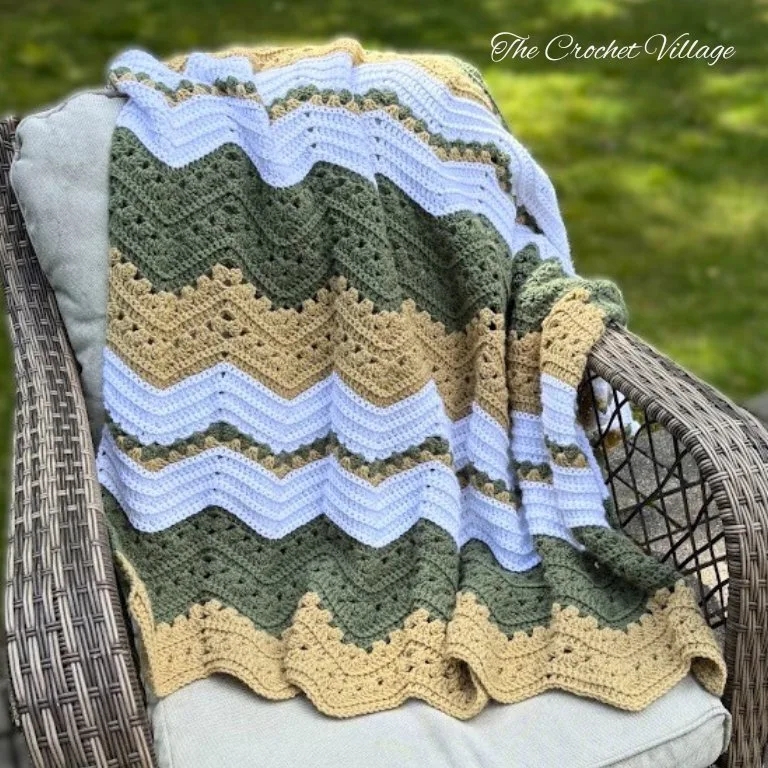 Throw Blanket: Mustard Crochet Chevron with Handmade Texture and Stripes