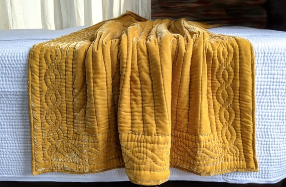 Throw Blanket Mustard Yellow Diamond Quilting Hand Stitched Bohemian