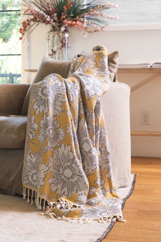 Throw Blanket Mustard Yellow Floral Print with Tasseled Fringe