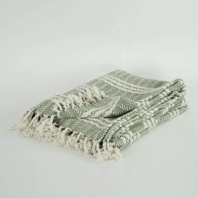Throw Blanket: Natural and Sage Green Horizontal Stripes, Fringed Trim.