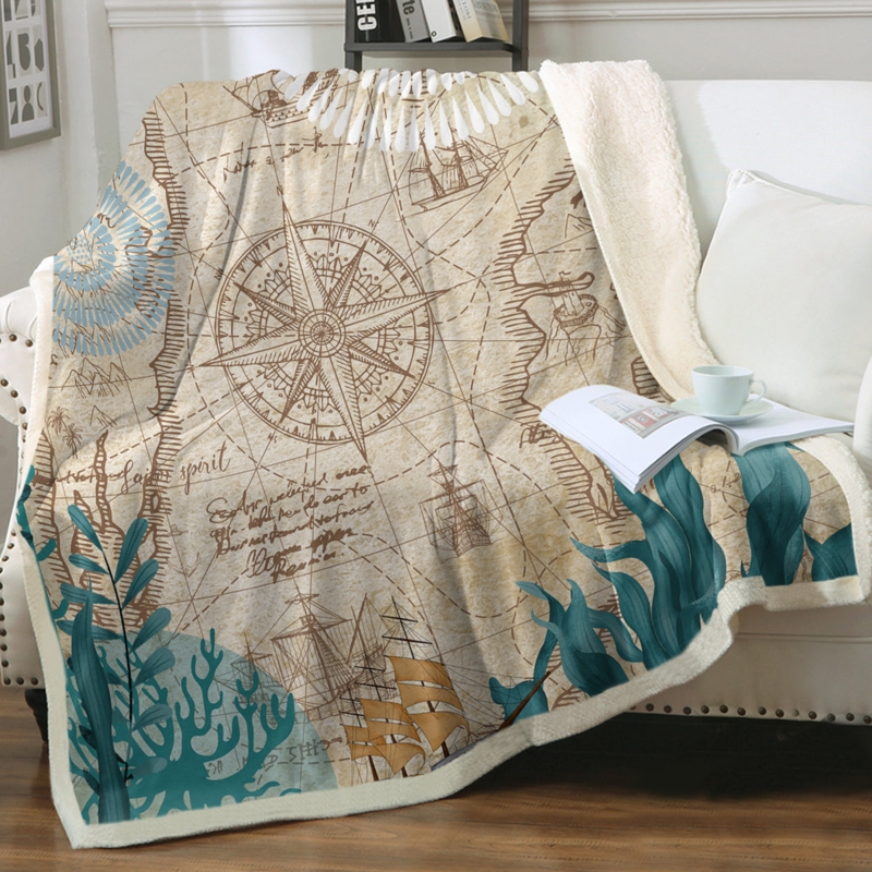 Throw Blanket, Nautical Chart Print Sherpa Lined, Coastal Decor