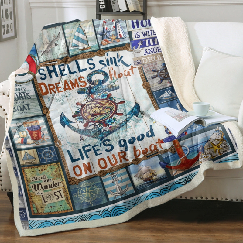 Throw Blanket, Nautical Motif Sherpa Lined Reversible, Maritime