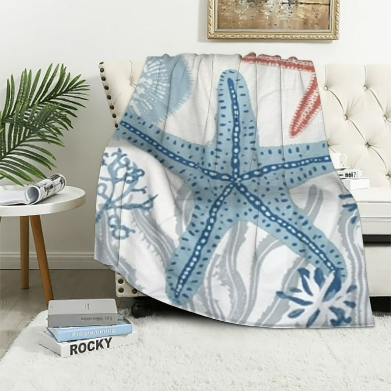 Throw Blanket Nautical Watercolor Print Blue Orange Painterly Texture