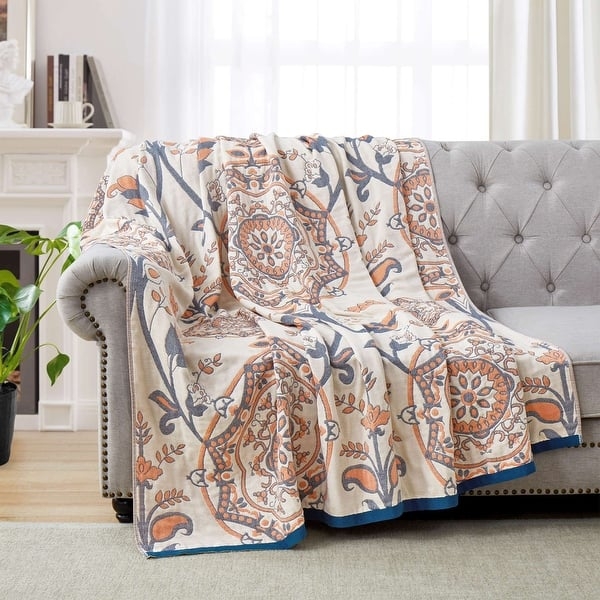 Throw Blanket | Navy and Cream Floral Jacquard | Breathable Thermal Weave