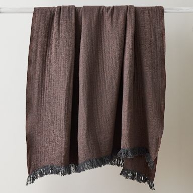 Throw Blanket Navy and Cream Two-Tone, Chunky Weave Fringed Trim