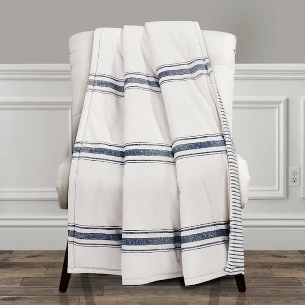 Throw Blanket Navy And White Striped Woven Fabric Fringed Tassels