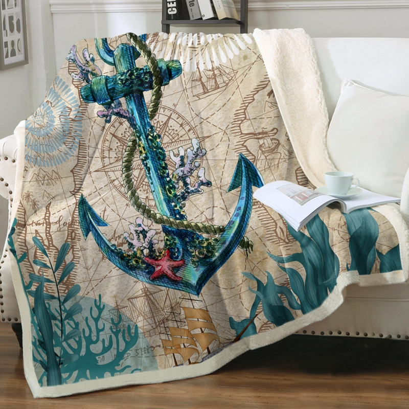 Throw Blanket, Navy Blue Anchor Print Sherpa Lined, Cozy Coastal