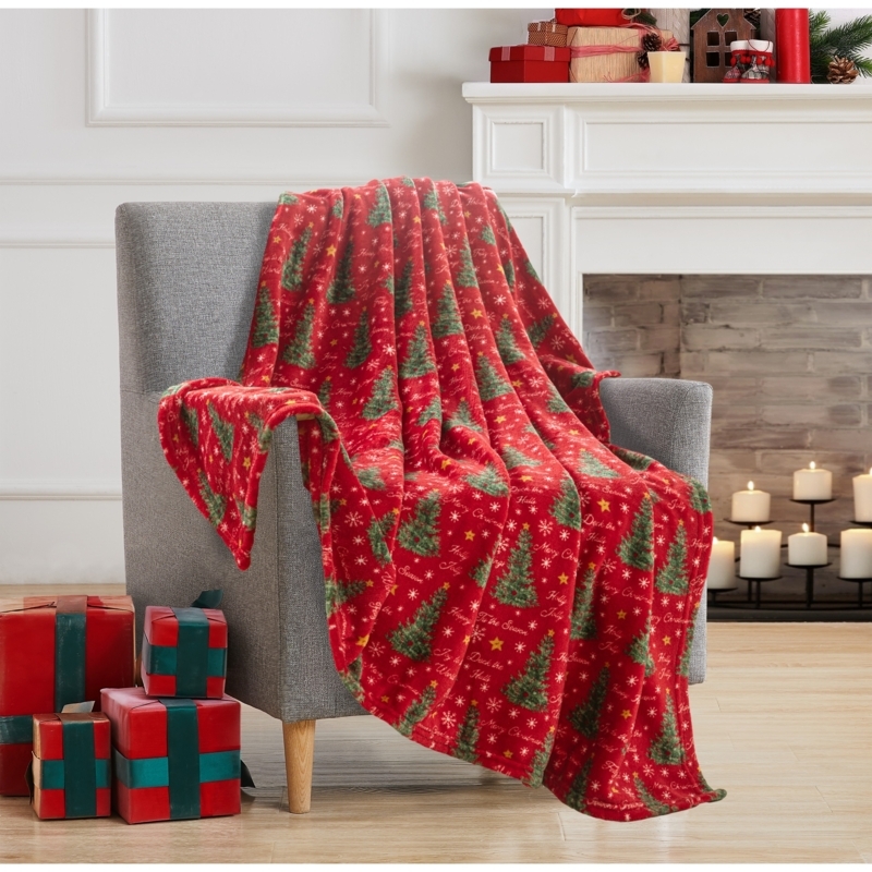 Throw Blanket Navy Blue Background Holiday Trees Print Plush Decor