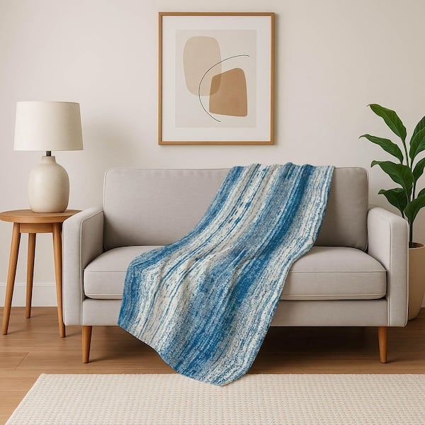 Throw Blanket Navy Blue Chevron Texture Sherpa Reverse