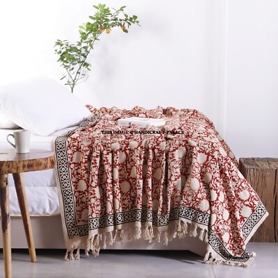 Throw Blanket Navy Blue Cream Geometric Pattern Tassel Boho