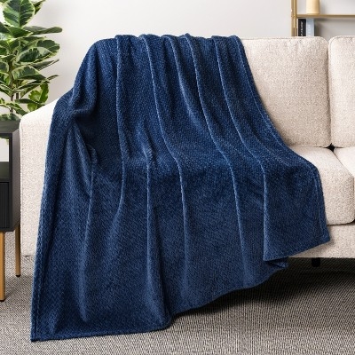 Throw Blanket Navy Blue Fleece Plush Texture Soft Flannel for Couch