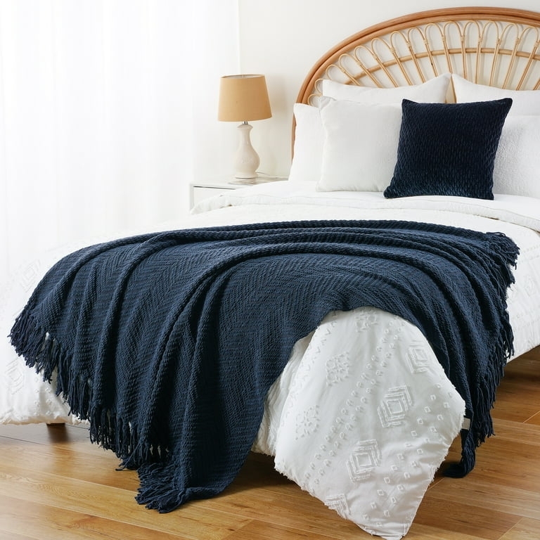 Throw Blanket, Navy Blue Herringbone with Knotted Tassels