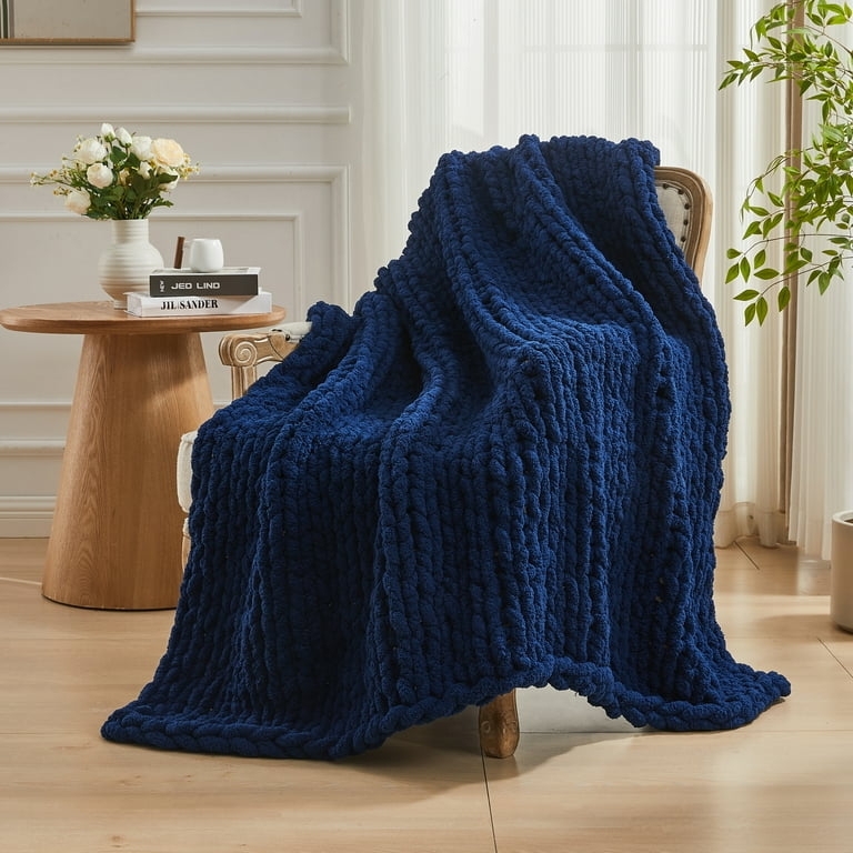 Throw Blanket Navy Blue Oversized Weave Chunky Knit Cozy Decor
