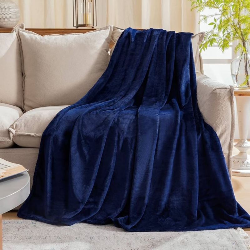 Throw Blanket Navy Blue Ribbed Texture Plush Fleece Cozy Living Room Accent
