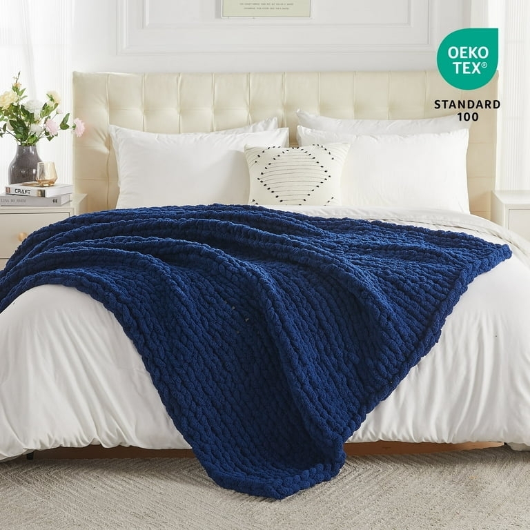 Throw Blanket Navy Blue Tactile Knit Braided Texture Chunky Accent