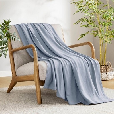 Throw Blanket Navy Blue Waffle Knit Tasseled Fringe Cotton Blend