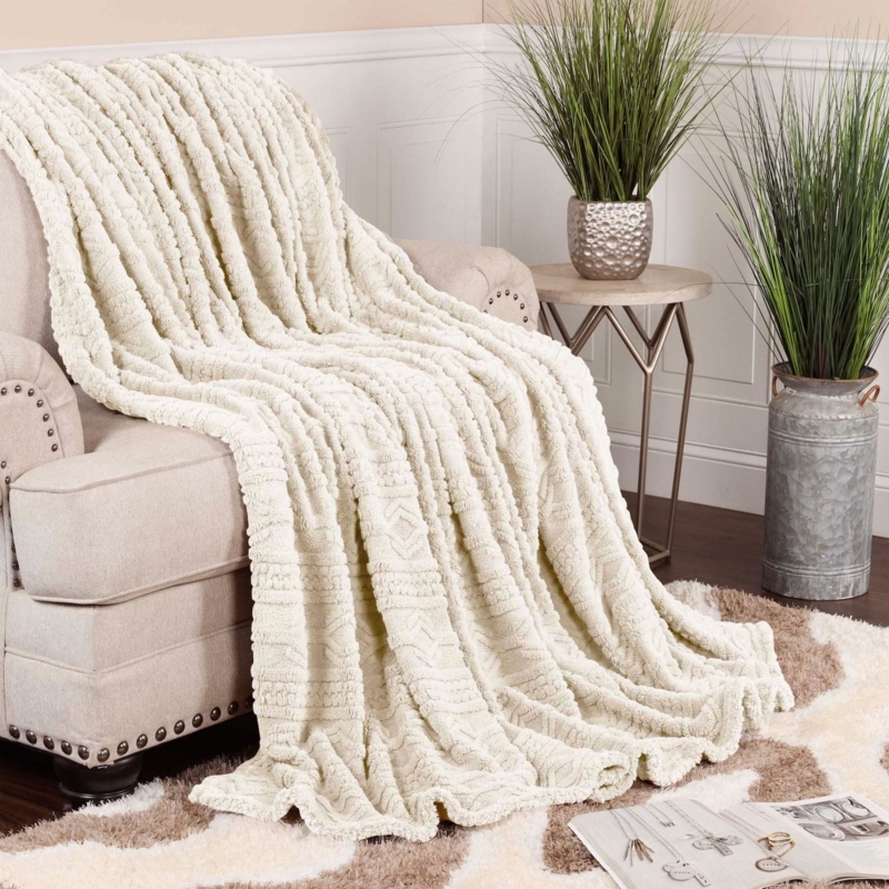 Throw Blanket Navy Blue White Raised Jacquard Geometric Twisted Fringe