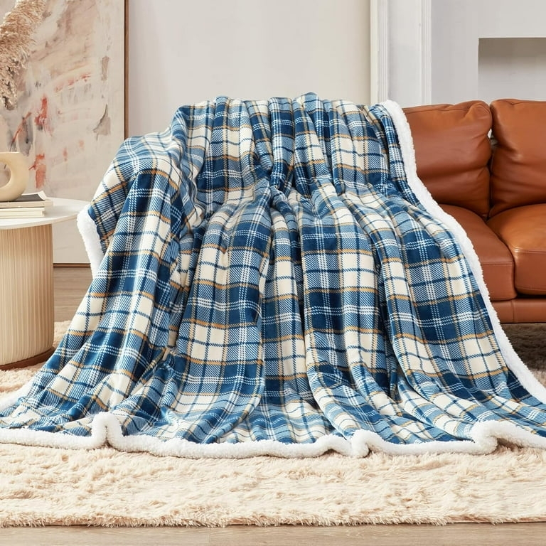 Throw Blanket Navy Checkered Reversible Sherpa Fleece, Modern Farmhouse
