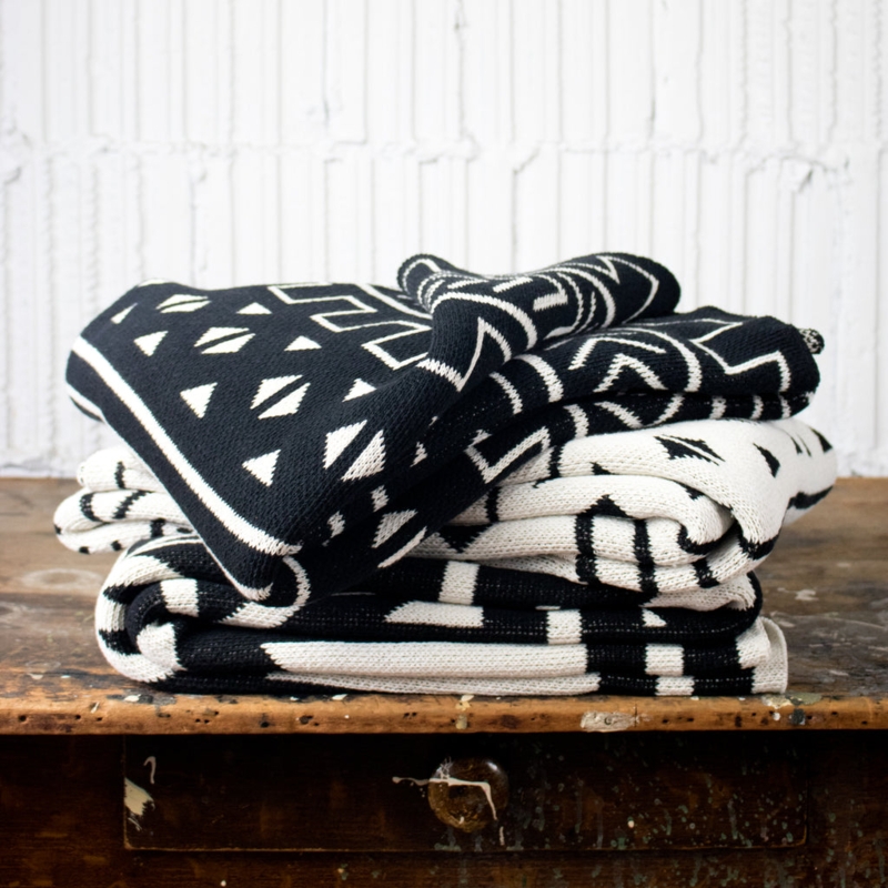 Throw Blanket Navy Cream Geometric Grid Fringe Minimalist