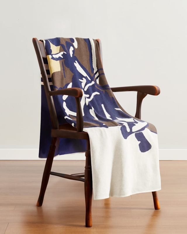 Throw Blanket Navy Orange Contrast Geometric Knit Rustic Accents