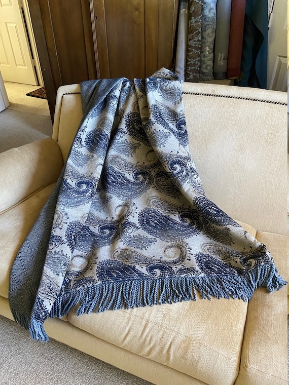 Throw Blanket Navy Paisley Chenille Tassel Fringe Textured Bed Runner