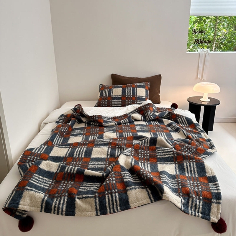 Throw Blanket Navy Plaid Cream Woven Fringed Edges Traditional