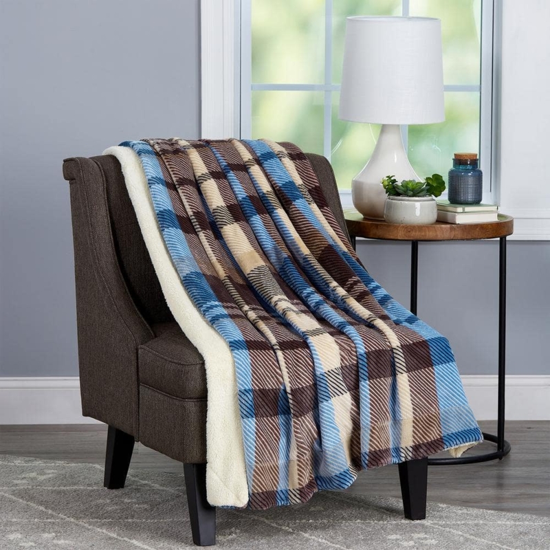 Throw Blanket Navy Plaid Sherpa Lined Fleece, Rustic Lodge Oversized