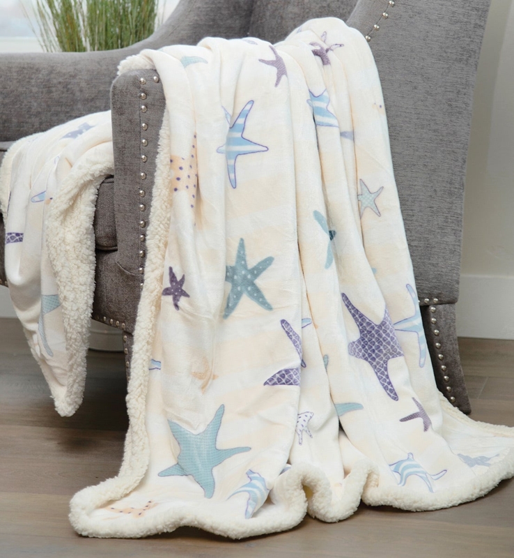 Throw Blanket Navy Starfish Motif Sherpa Whip Stitched Reversible