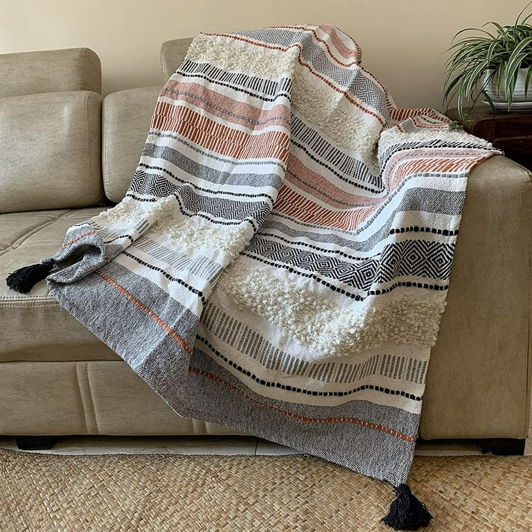 Throw Blanket Navy Terracotta Medallion Pattern Woven Fringe Tassels