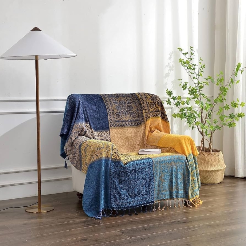 Throw Blanket Navy Terracotta Southwestern Geometric Tasseled Fringe
