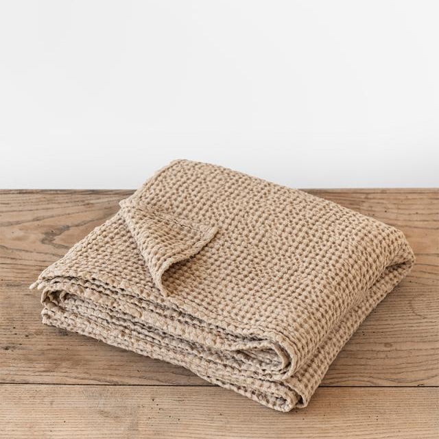 Throw Blanket Neutral Earth Tone Waffle Weave Fringed Linen