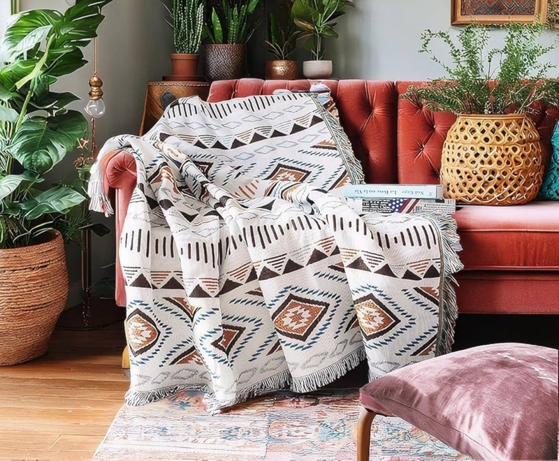 Throw Blanket Neutral Knit Fabric Aztec Pattern Tassel Fringe Decor