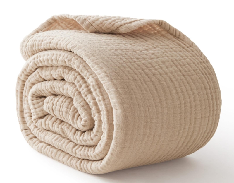 Throw Blanket | Oatmeal Crinkled Gauze Muslin | Fringed Tassels Layering