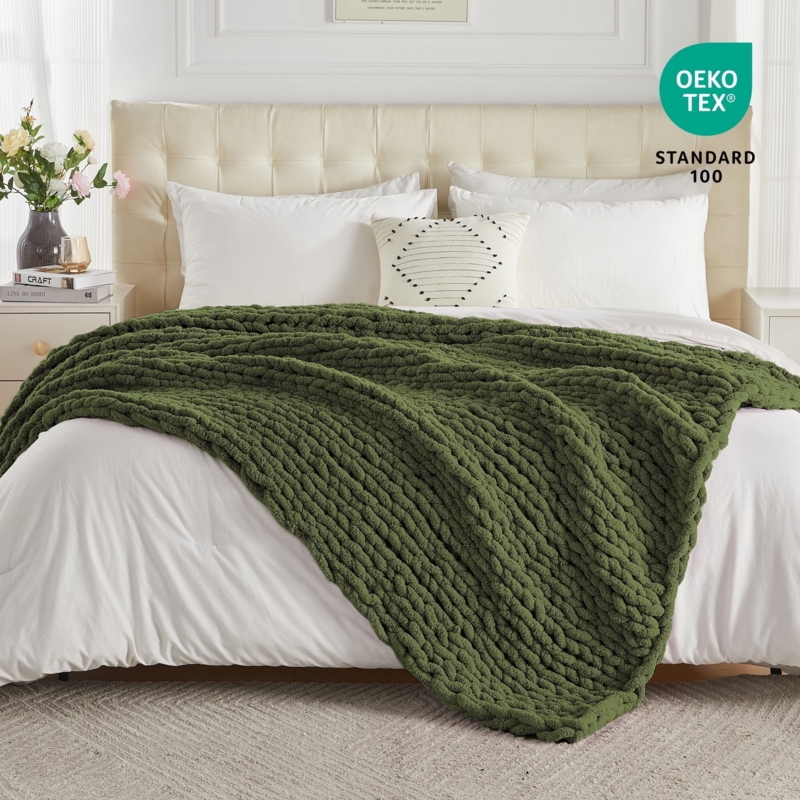 Throw Blanket Olive Green Chunky Knit Texture Open Weave Accent
