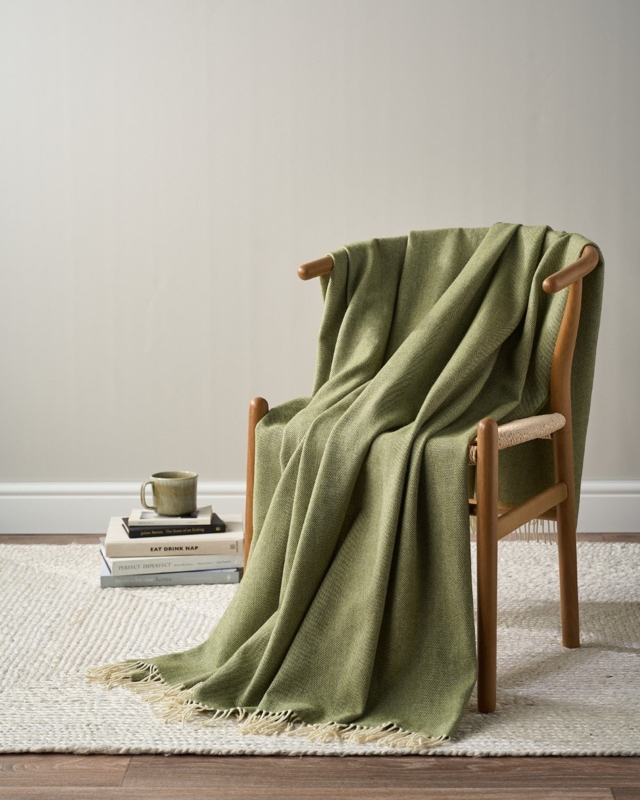 Throw Blanket Olive Green Cream Herringbone Weave Wool Like Fringed