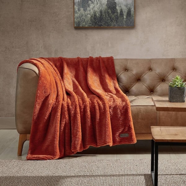 Throw Blanket Orange Ribbed Corduroy Effect Microfiber Cozy Sofa Throw