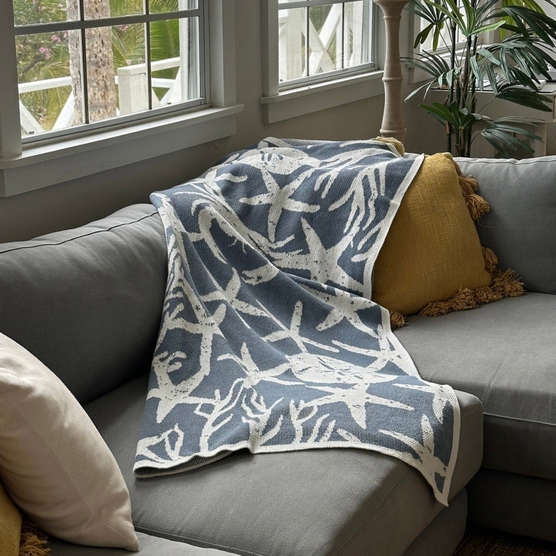 Throw Blanket Organic Wave Pattern Abstract Woven Navy Cream Coastal