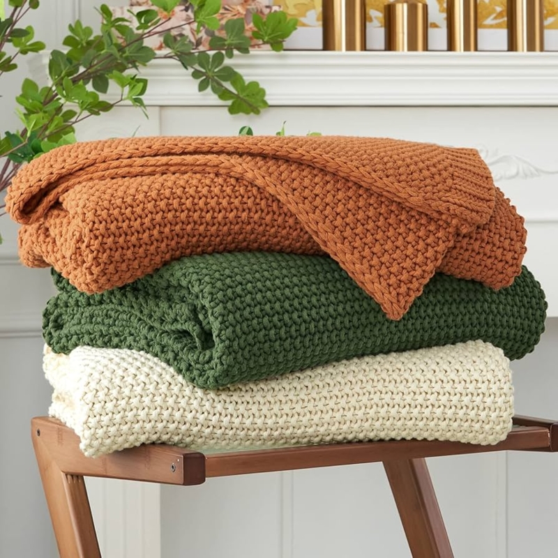 Throw Blanket Oversized Cable Knit Modern Farmhouse Decor Cotton Look