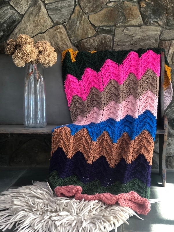 Throw Blanket: Oversized Chunky Knit Chevron in Cream for Rustic Decor