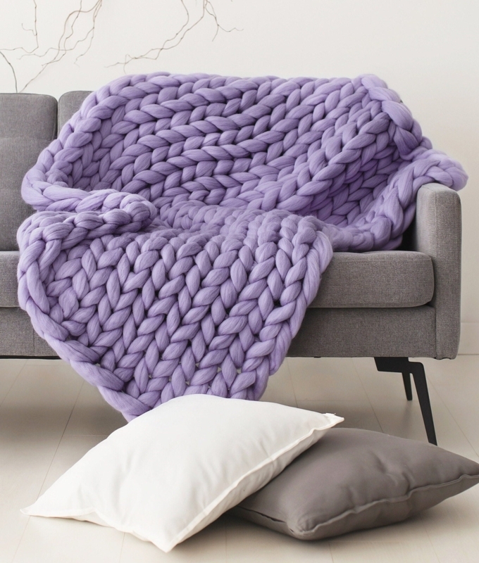 Throw Blanket, Oversized Chunky Knit Roving Yarn, Lilac Hygge Style