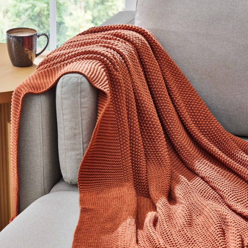 Throw Blanket Oversized Chunky Knit Rust Braided Texture