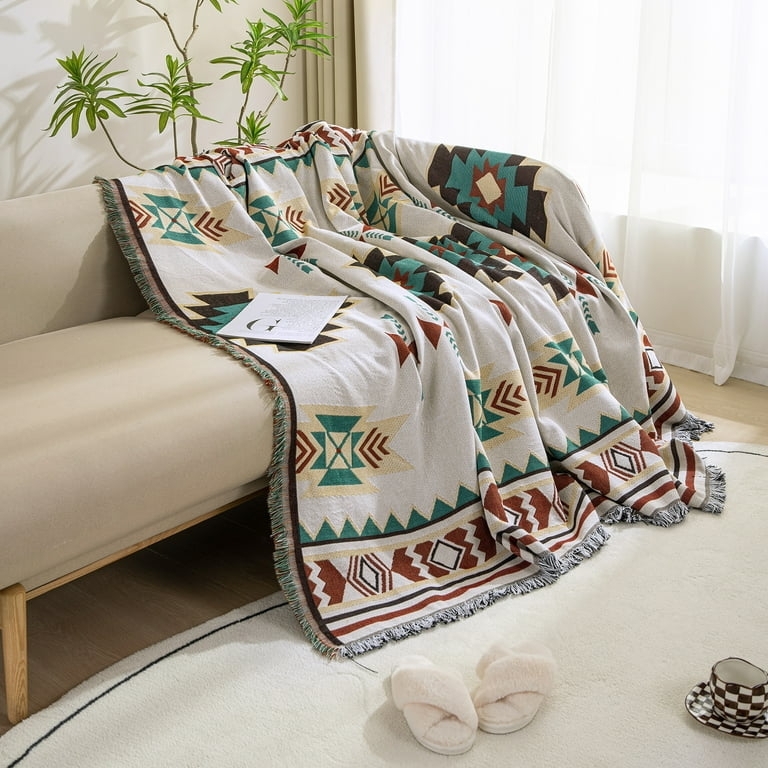 Throw Blanket Oversized Geometric Knit Cream Grey Sofa Cover