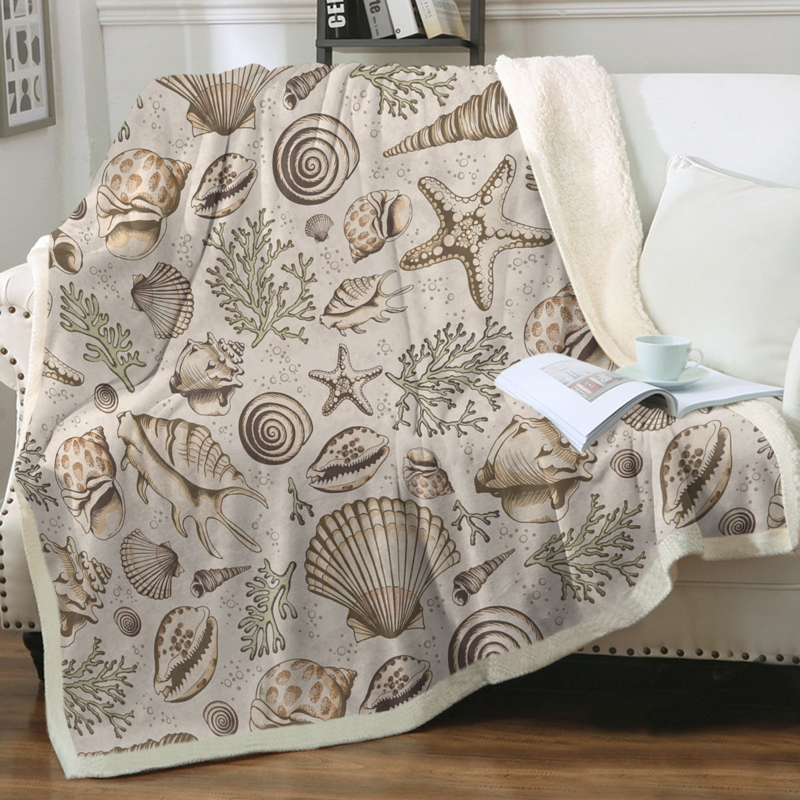 Throw Blanket Oversized Seashell Pattern Espresso Brown Coastal Bedding
