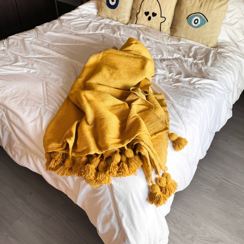 Throw Blanket, Oversized Tassels, Woven, Moroccan Style, Mustard