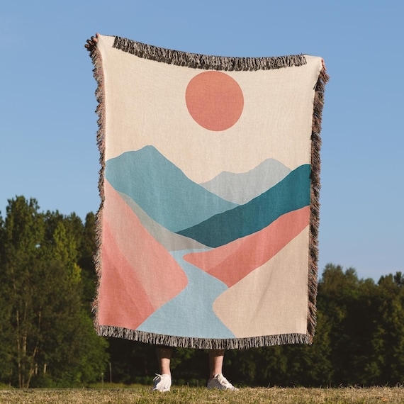 Throw Blanket Pastel Mountain Landscape Woven Cottagecore Fringe