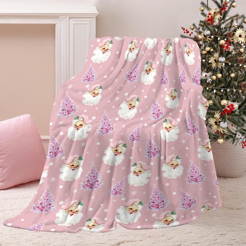 Throw Blanket Pastel Pink Holiday Palette Whimsical Santa Print